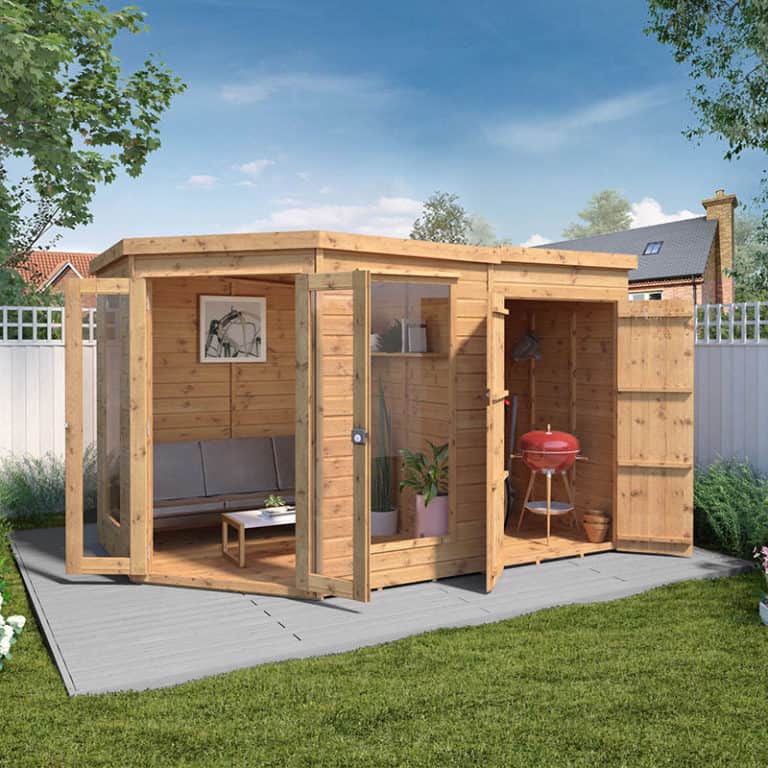 11' x 7' Mercia Corner Shiplap Wooden Garden Summerhouse with attached side shed