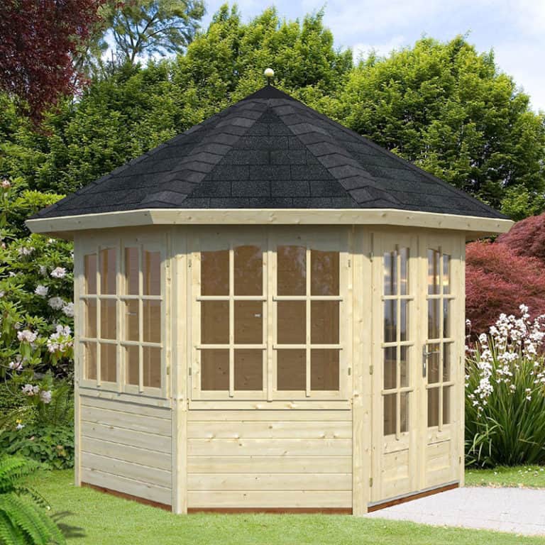 Palmako Veronica 2.9m x 2.9m log cabin featuring four windows for natural light and stylish outdoor living.