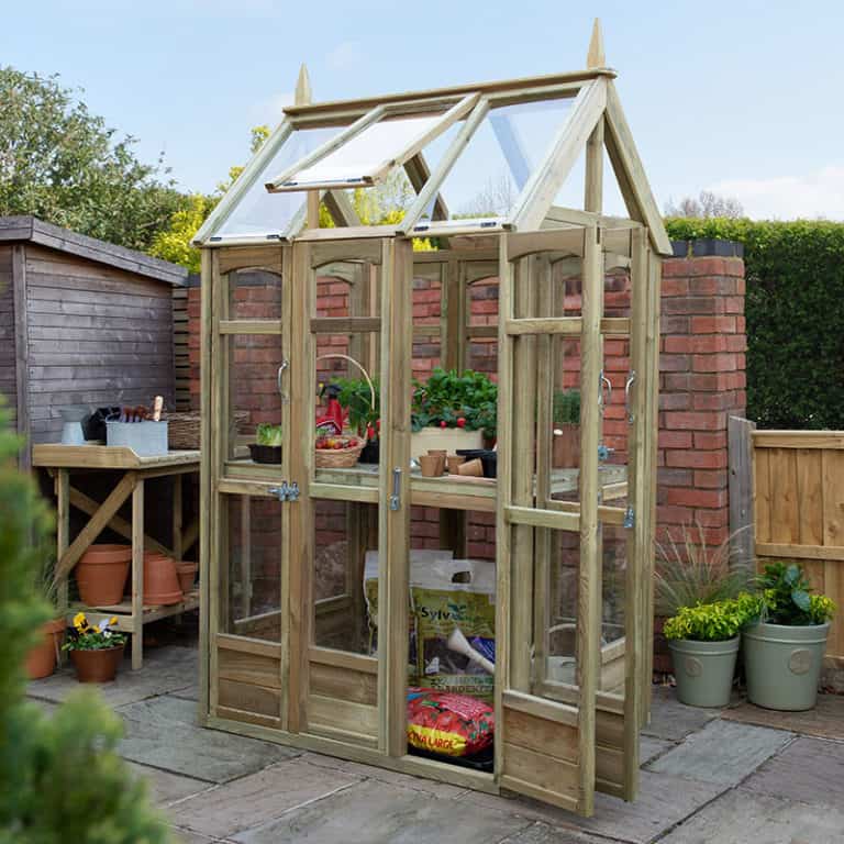 3' x 4' Forest Victorian walkaround greenhouse with auto vent for optimal plant growth and ventilation.