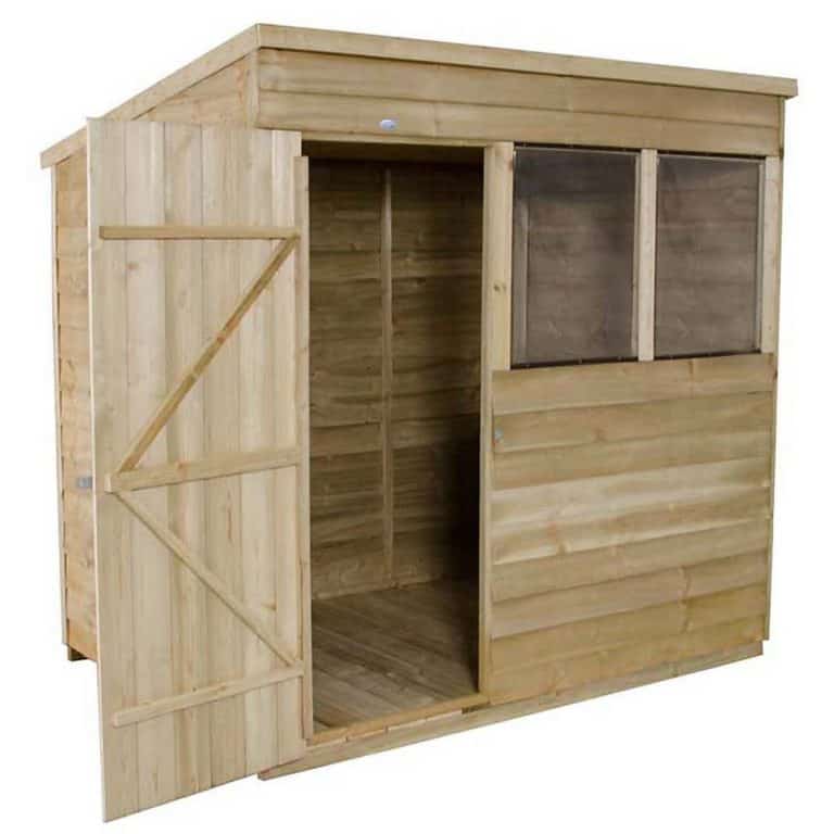 7x5ft pressure-treated wooden pent shed in a forest setting