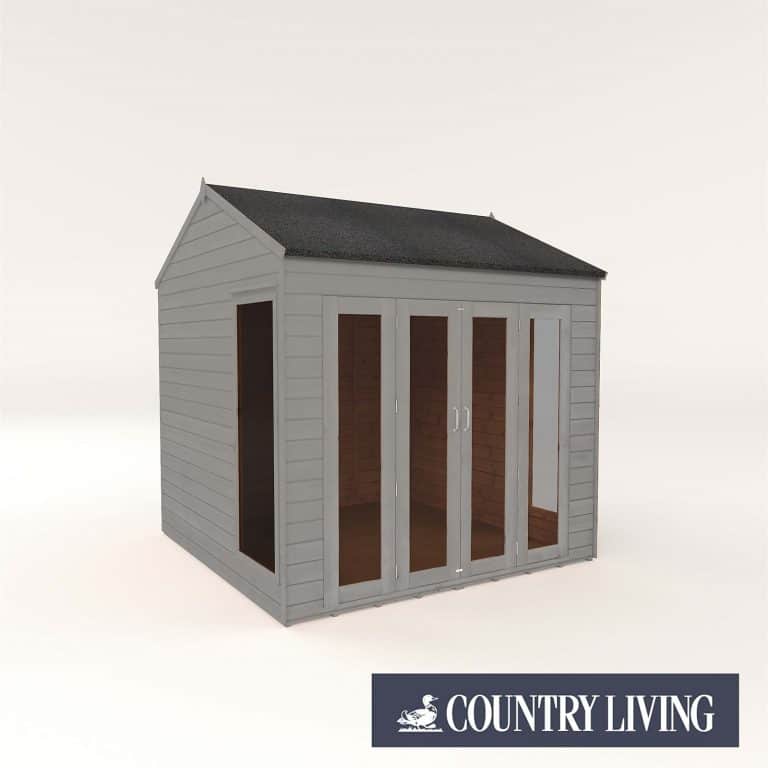 Country Living Hawksworth 8x8 Summerhouse in vibrant paint with installation by Thorpe Towers for outdoor relaxation.