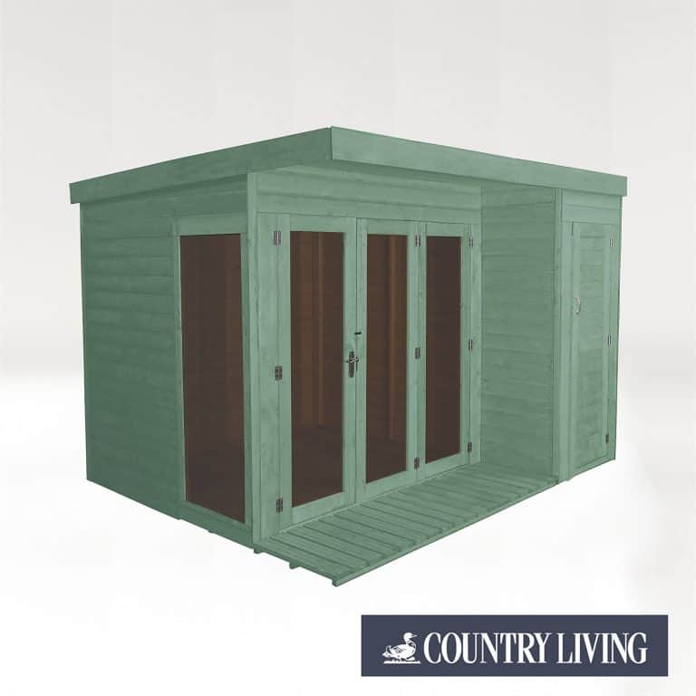 Country Living Overton 10x8 garden room summerhouse with side shed in Aurora Green