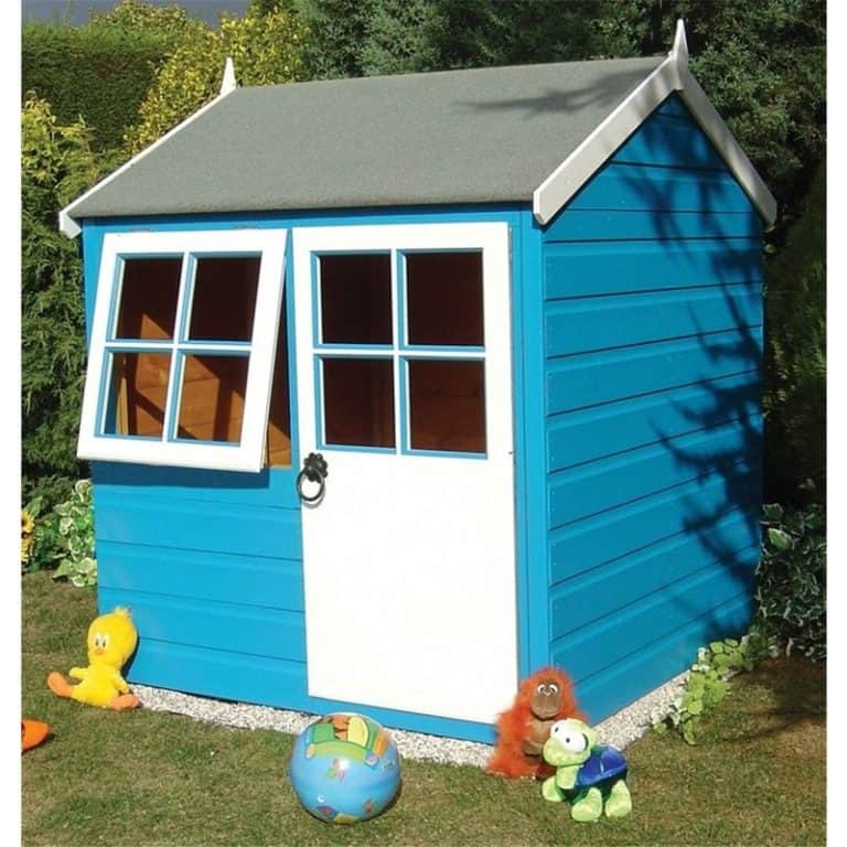 Wooden playhouse with single door and one opening window