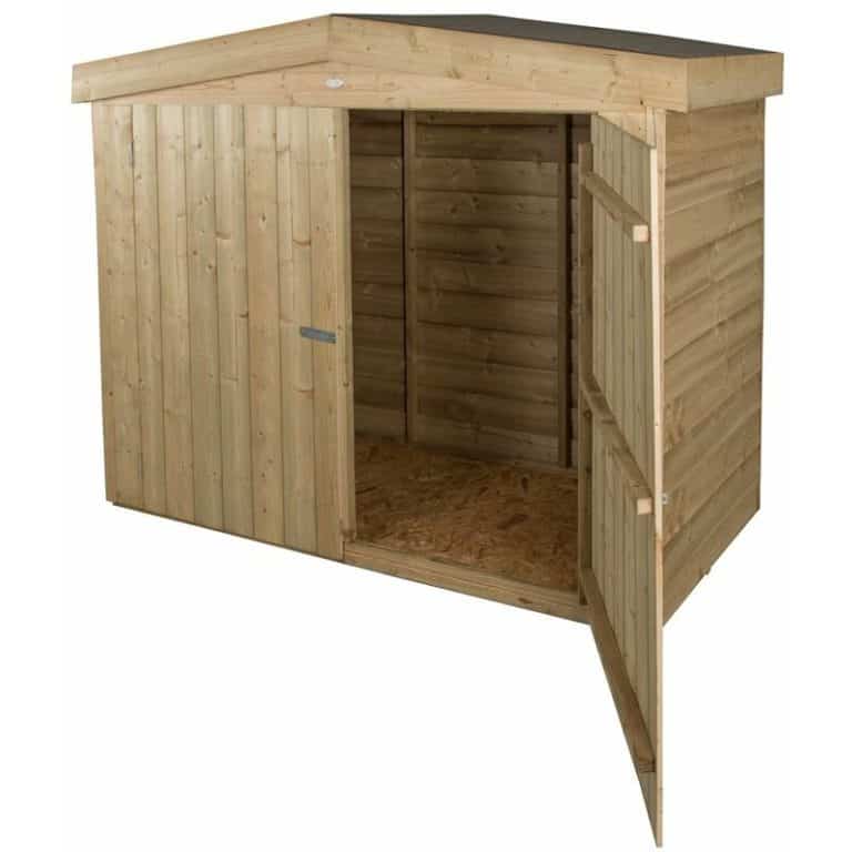 Pressure treated Apex large outdoor storage unit for durable and weather-resistant organization.