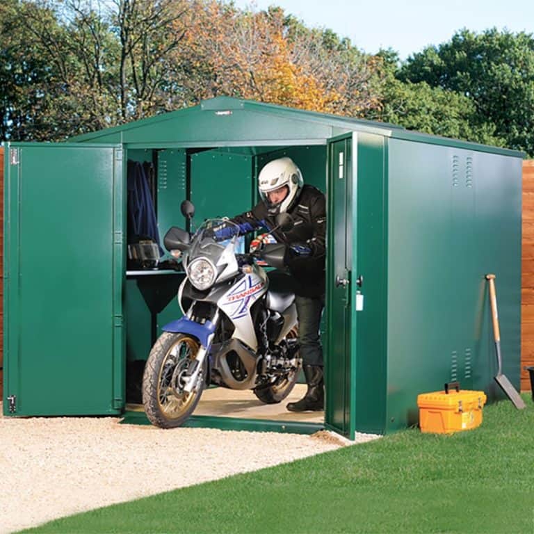 10'11 x 7'4 Asgard Gladiator Motorbike Garage Plus for secure motorcycle storage and protection from the elements.