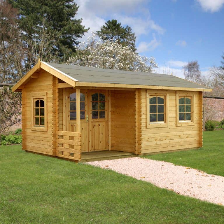 Palmako Susanna Log Cabin with interlocking logs and double-glazed windows.