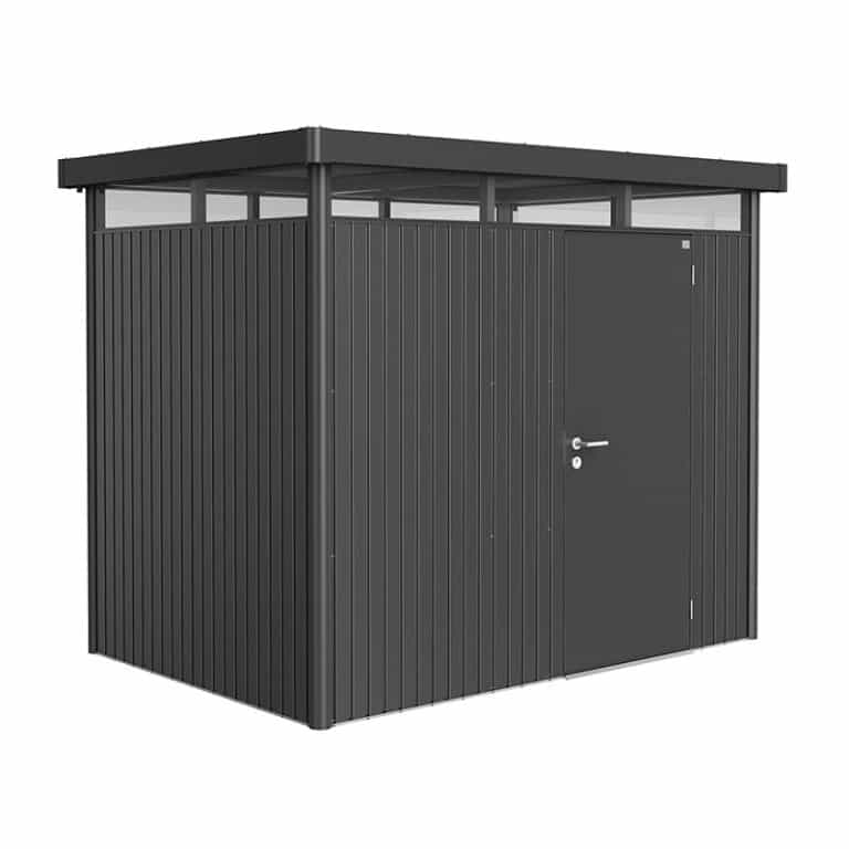 8' x 5' Biohort HighLine H2 dark grey metal shed with window skylight for outdoor storage solutions.