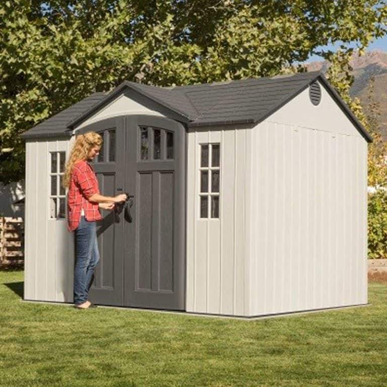 10' x 8' Lifetime New Edition single entrance plastic shed for durable outdoor storage and organization.