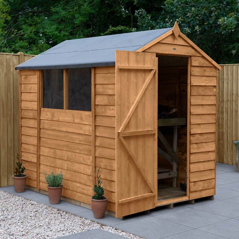 7x5' Forest Overlap Dip Treated Apex Wooden Shed for garden storage and organization.