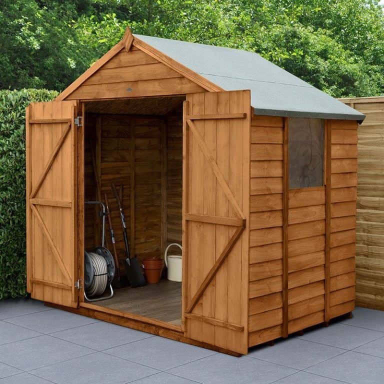 7' x 5' Forest Overlap Dip Treated Wooden Shed with Double Doors and Apex Roof for outdoor storage.