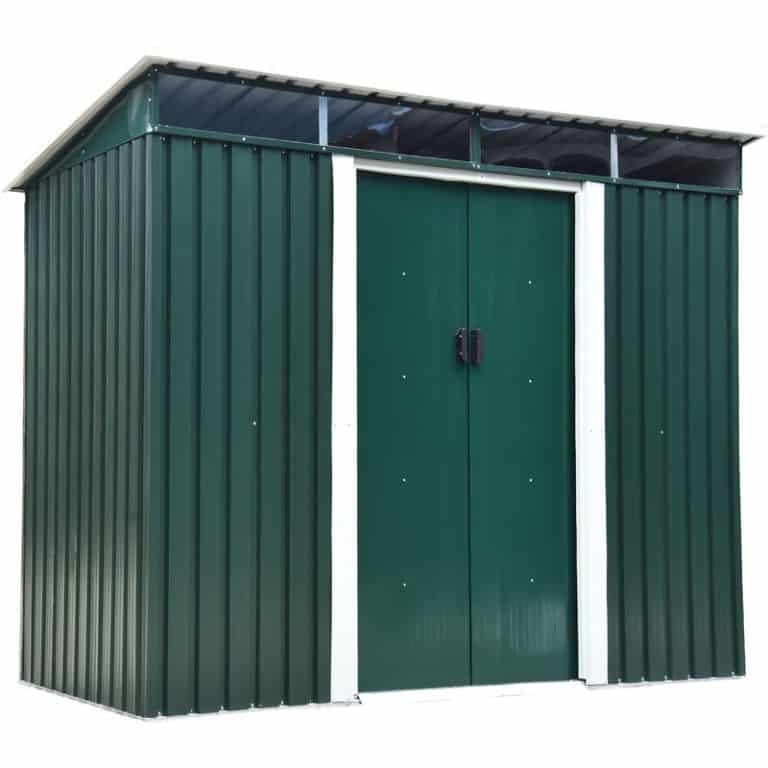 Outsunny garden shed with double sliding doors for outdoor storage and tool organization.