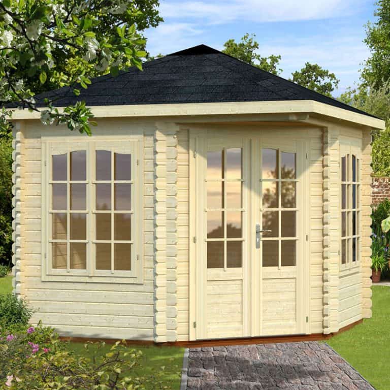 Palmako Melanie 2.8m x 2.8m corner log cabin summer house with a charming design for outdoor relaxation.