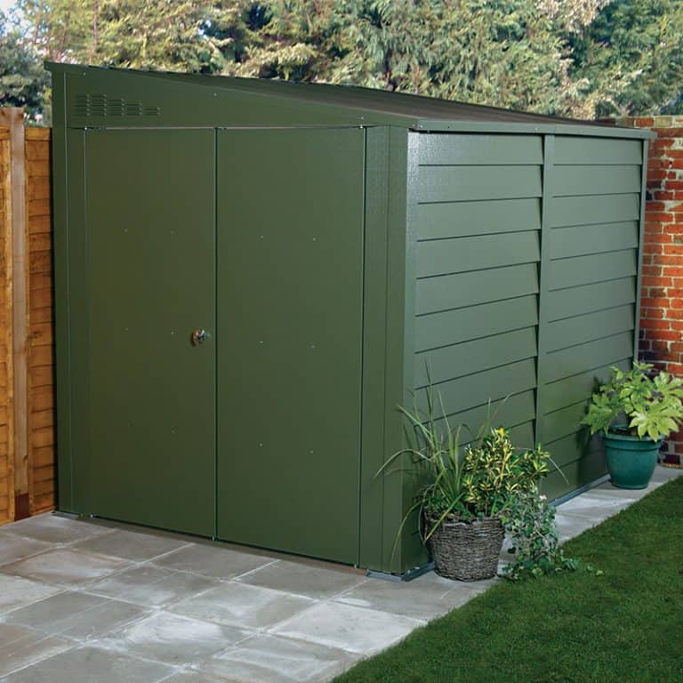 Secure 9x5 Trimetals 'Protect a Bike' garden storage for bicycles and outdoor equipment protection.