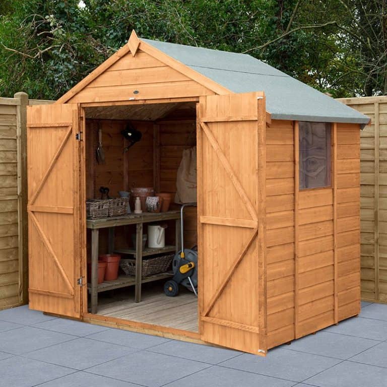 7' x 5' forest shiplap dip treated wooden shed with double doors and apex roof for outdoor storage.