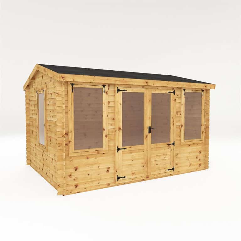 Mercia 13' x 9' wooden log cabin featuring three windows for natural light and stylish outdoor living.