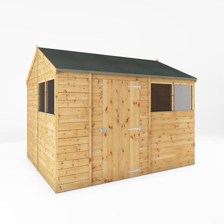 Mercia 10ft x 8ft Premium Shiplap Reverse Apex Shed featuring mineral felt roof and double doors.