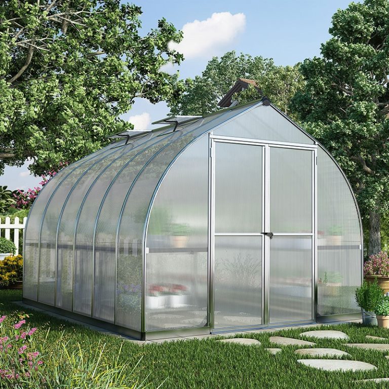 8'x12' Palram Canopia Bella greenhouse with silver aluminum frame for gardening and plant growing.