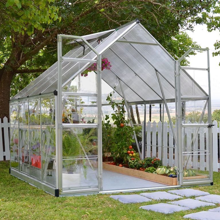 8' x 8' Palram Canopia Balance Silver Greenhouse with sturdy frame and clear panels for optimal plant growth.