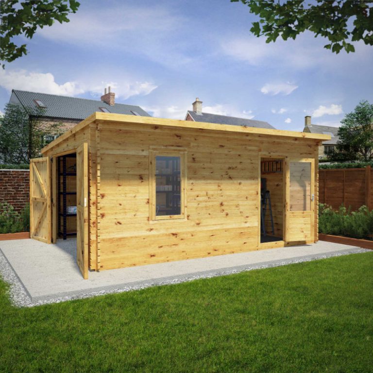 Adley 4.2m x 5.7m pent wooden garage with sleek design and spacious storage for vehicles and tools.