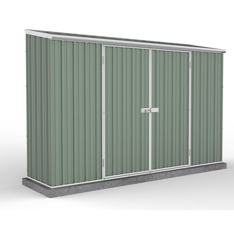 9'10 x 5' Absco Space Saver Pent Metal Shed in Pale Eucalyptus with double doors for efficient outdoor storage.