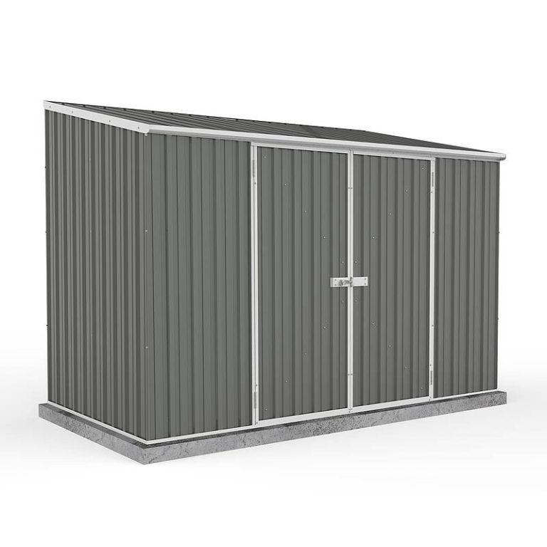 9'10 x 5' Absco grey metal shed with double doors for efficient outdoor storage and space-saving design.