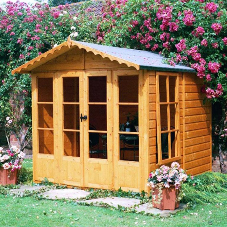 7' x 10' Shire Kensington Summer House with wooden structure and large windows