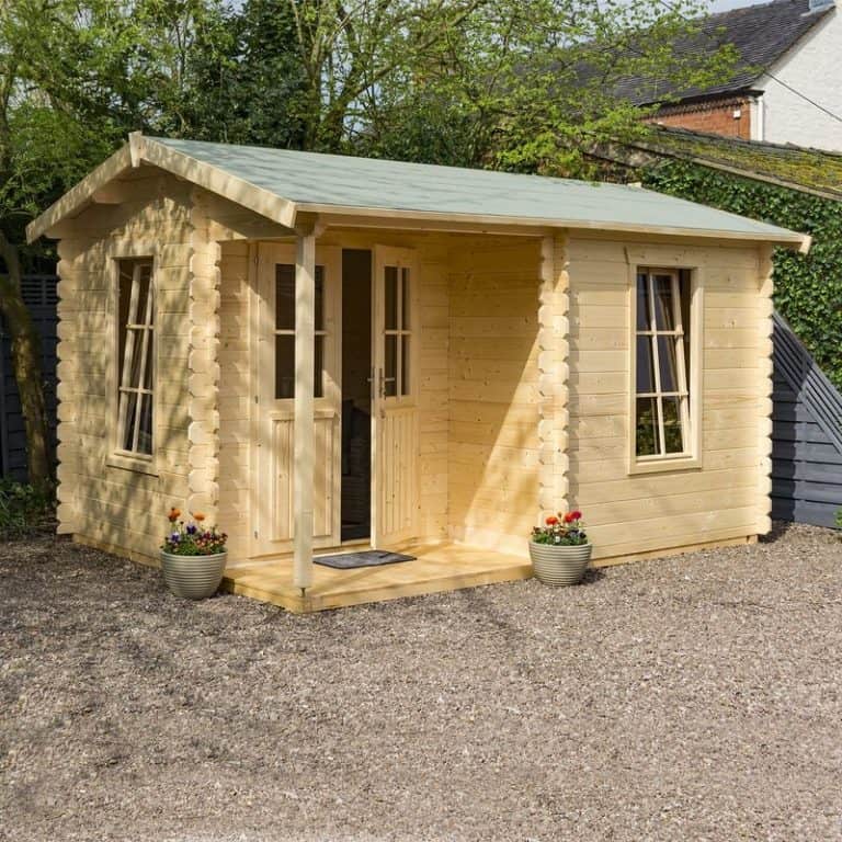 Rowlinson 4.2m x 3.3m garden office log cabin with wooden exterior and spacious design for outdoor workspace.