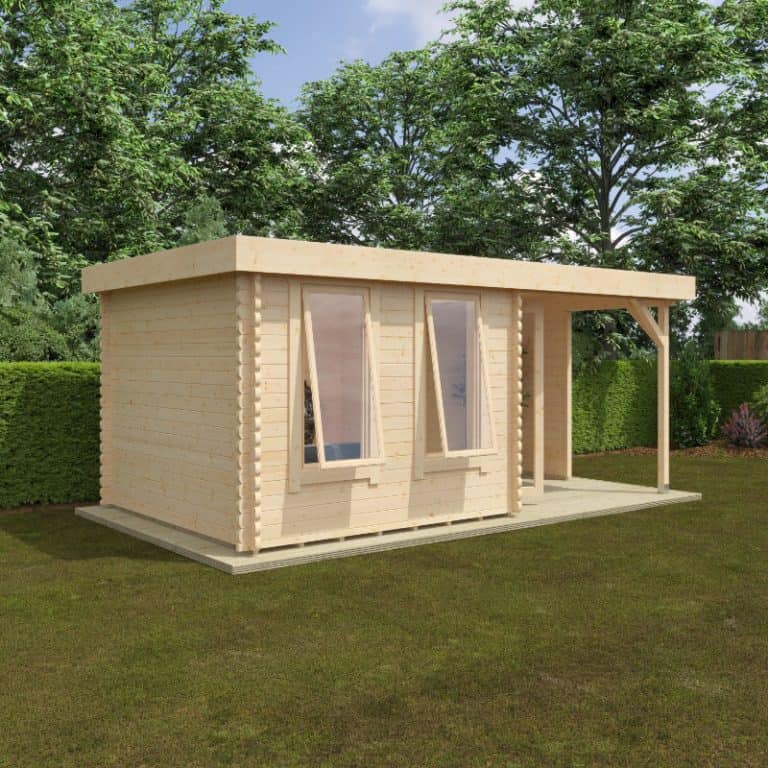 Redlands 4.8m x 3m Pinehurst Log Cabin with wooden structure and spacious design for outdoor relaxation.