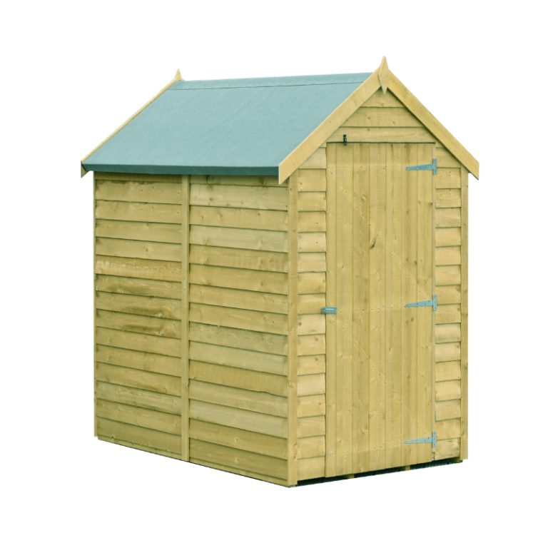 Pressure treated Loxley 6' x 4' overlap apex shed with a classic design for outdoor storage and gardening.