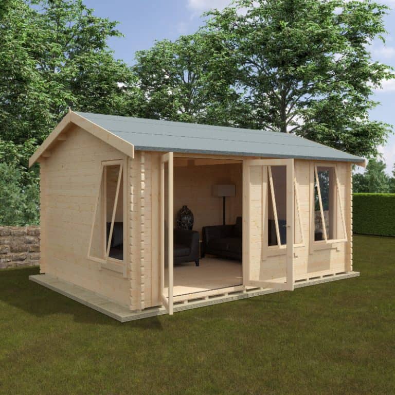 Redlands 4.8m x 3.6m Troon Log Cabin showcasing rustic design and spacious outdoor living.