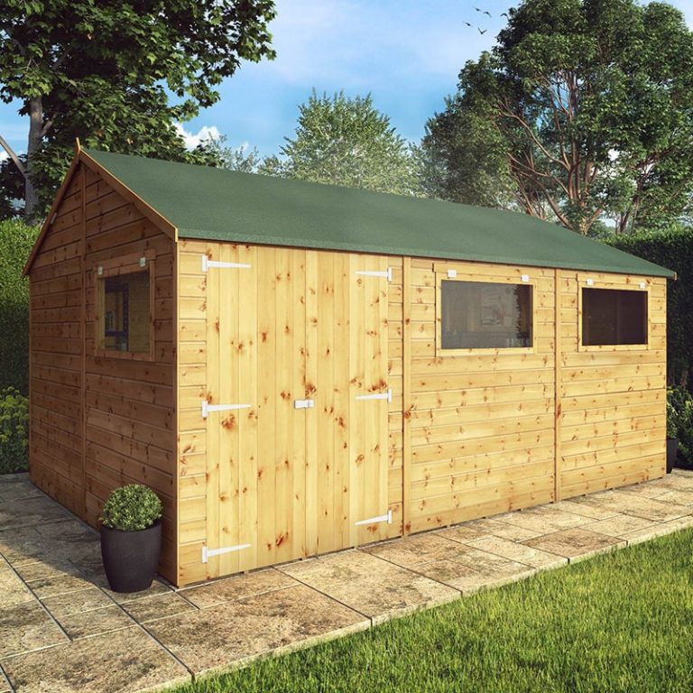 15x10 Mercia Shiplap Reverse Apex Workshop with double doors and large windows for natural light.