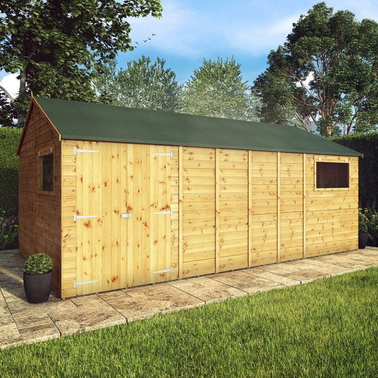 Alt text: 18' x 10' Mercia Shiplap Reverse Apex Workshop with double doors and a sturdy design for versatile outdoor use.