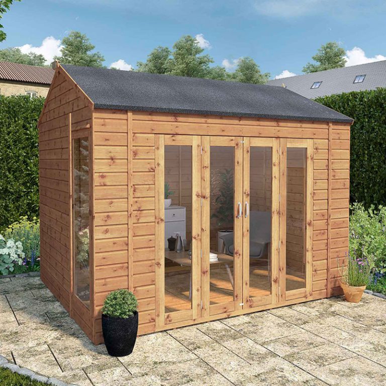 10x8 Mercia Vermont Wooden Summerhouse with double doors and large windows for outdoor relaxation and storage.