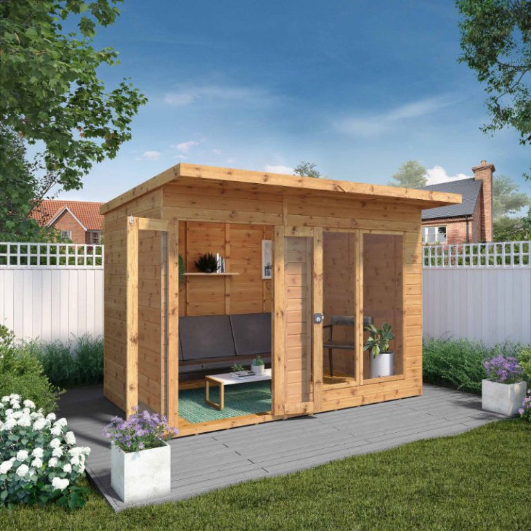 Adley 10' x 6' Honeybourne Summer House with wooden structure and large windows for outdoor relaxation and storage.