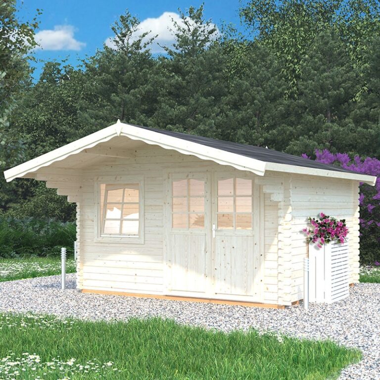 Palmako Sally 3.9m x 3.9m log cabin garden room with wooden structure and large windows for outdoor relaxation.