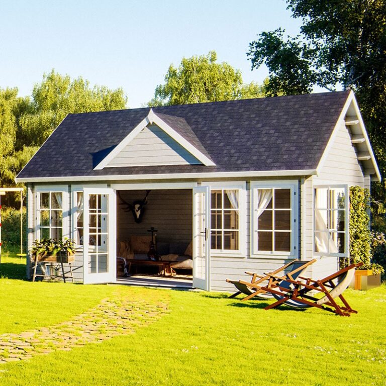 Palmako Claudia 5.4m x 3.9m log cabin garden room with wooden structure and large windows for natural light.