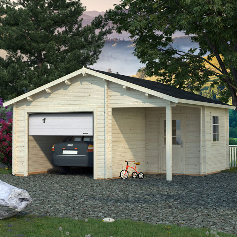 Palmako Roger log cabin garage with 5.1m x 5.5m dimensions and up-and-over door design.