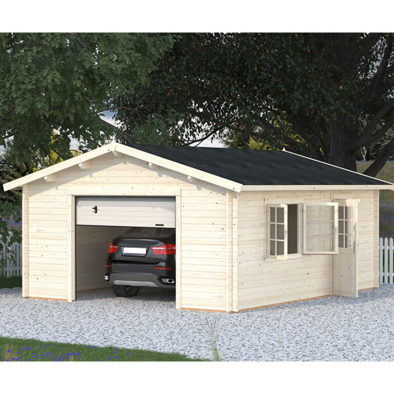 Palmako Roger log cabin garage: 4.5m x 5.5m with extra wide up and over door for easy access and storage.