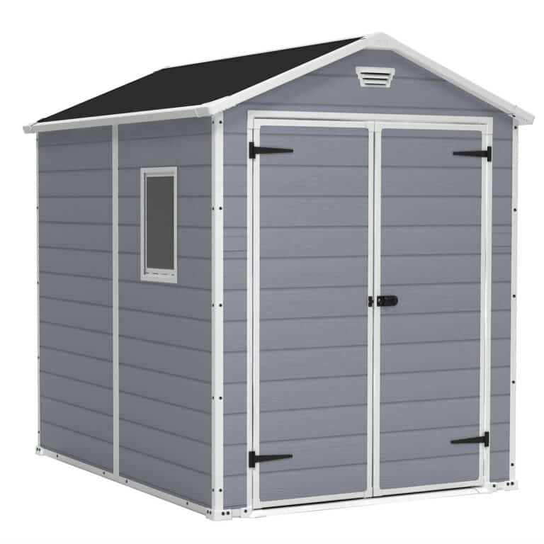 Grey Keter Manor 6x8ft outdoor garden apex storage shed for tools and equipment.