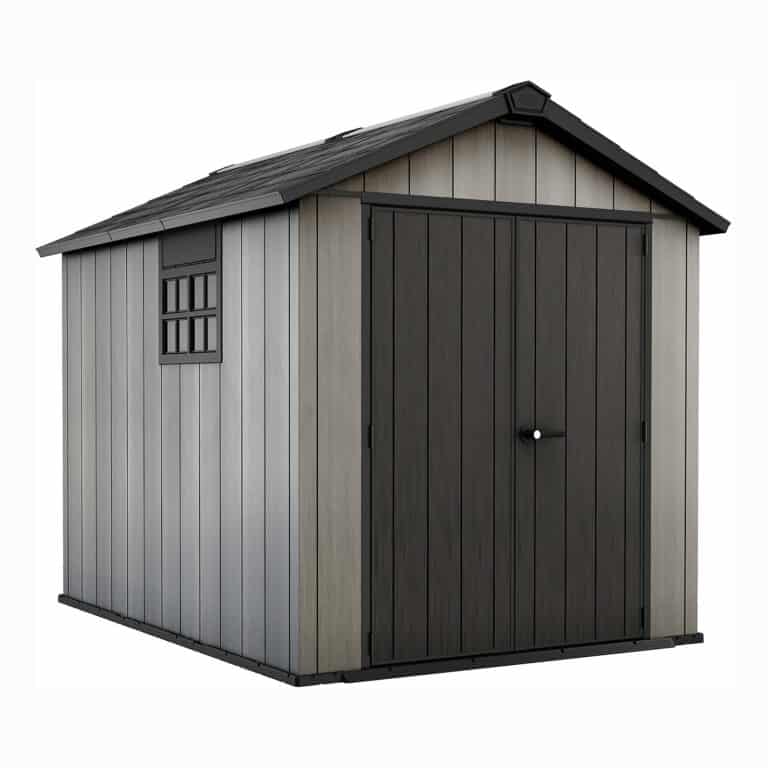 Grey Keter Oakland 7.5x9ft outdoor garden apex storage shed for efficient outdoor organization.