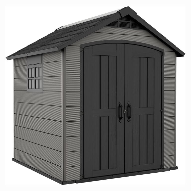 Grey Keter Premier 7x7ft outdoor garden apex storage shed for efficient outdoor organization.