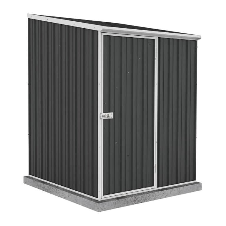 5x5 Absco Space Saver Pent Metal Shed in Dark Grey for efficient outdoor storage solutions.