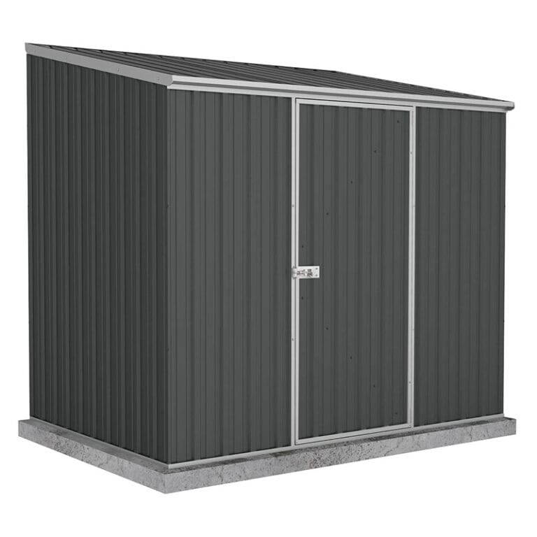 Dark grey 7'5 x 5' Absco Space Saver pent metal shed for efficient outdoor storage.