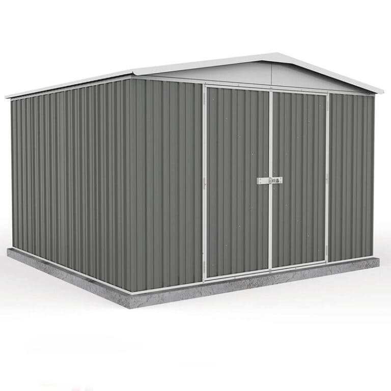 10'x10' Absco Regent grey double door metal shed for outdoor storage and organization.