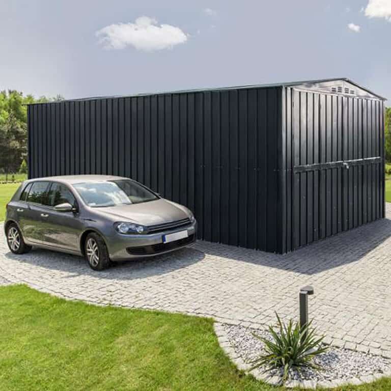 10' x 15' Lotus Anthracite Grey double door metal garage for secure outdoor storage and vehicle protection.