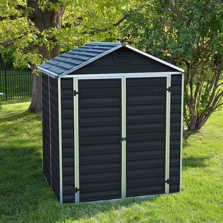 Palram-Canopia 6x5 Midnight Grey Skylight Plastic Shed with modern design and durable construction for outdoor storage.