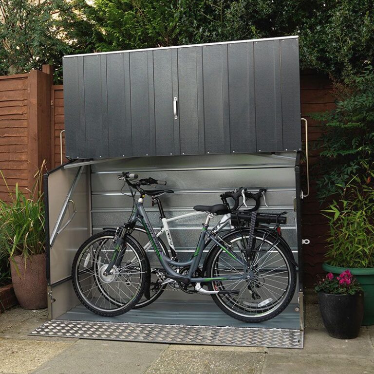 6'4 x 2'9 Trimetals anthracite metal bike shed with ramp for secure bicycle storage.