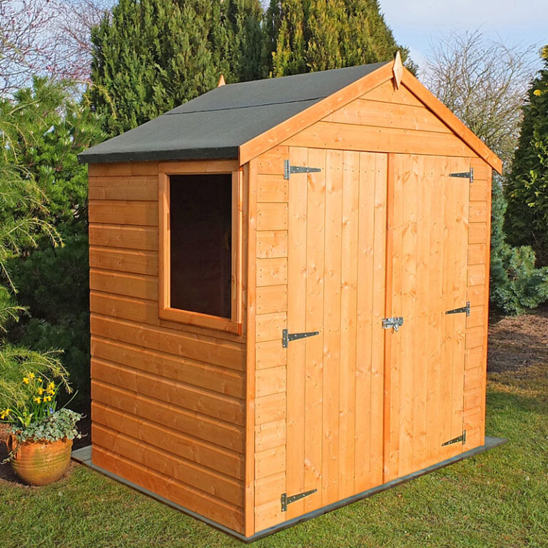 6'5 x 4' Shire Shiplap Double Door Wooden Garden Shed with a stylish design for outdoor storage solutions.