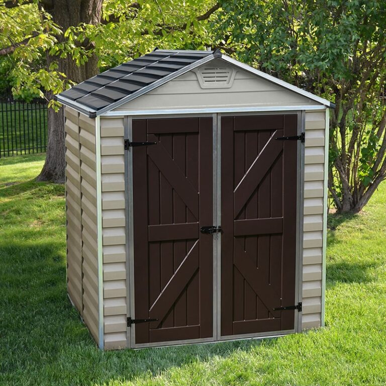 6' x 5' Palram Canopia tan skylight plastic shed for outdoor storage and organization.