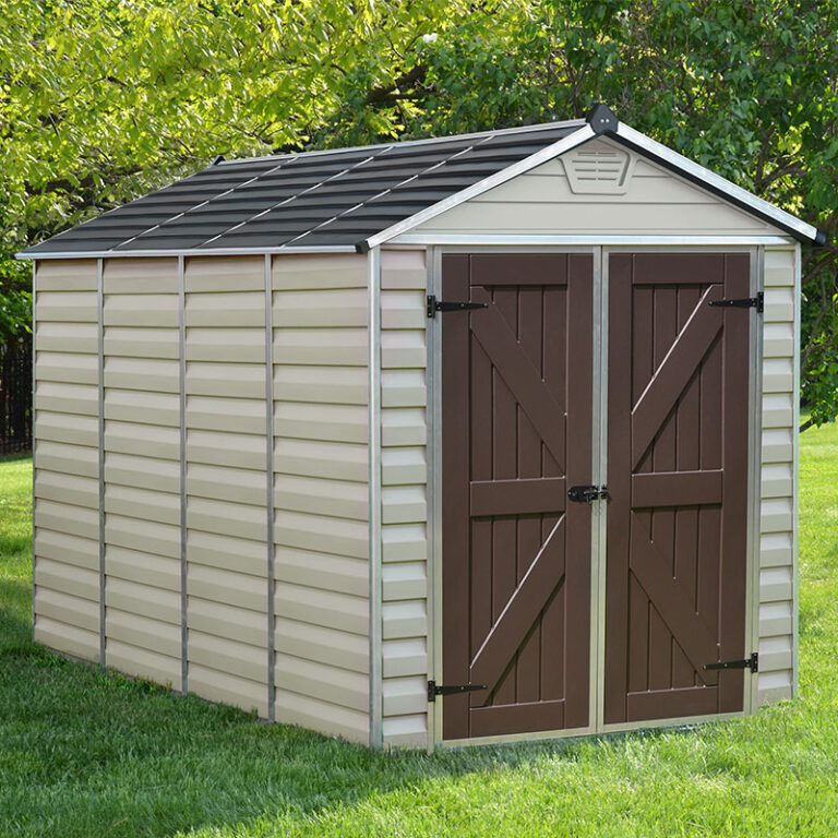 6' x 10' Palram Canopia Tan Skylight Plastic Shed with durable design and skylight for natural light.